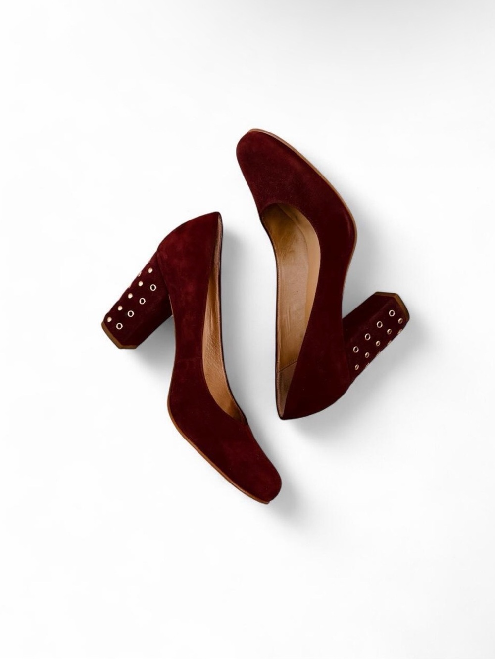 kate spade Burgundy Suede Block Heel Pumps with Eyelet Detail